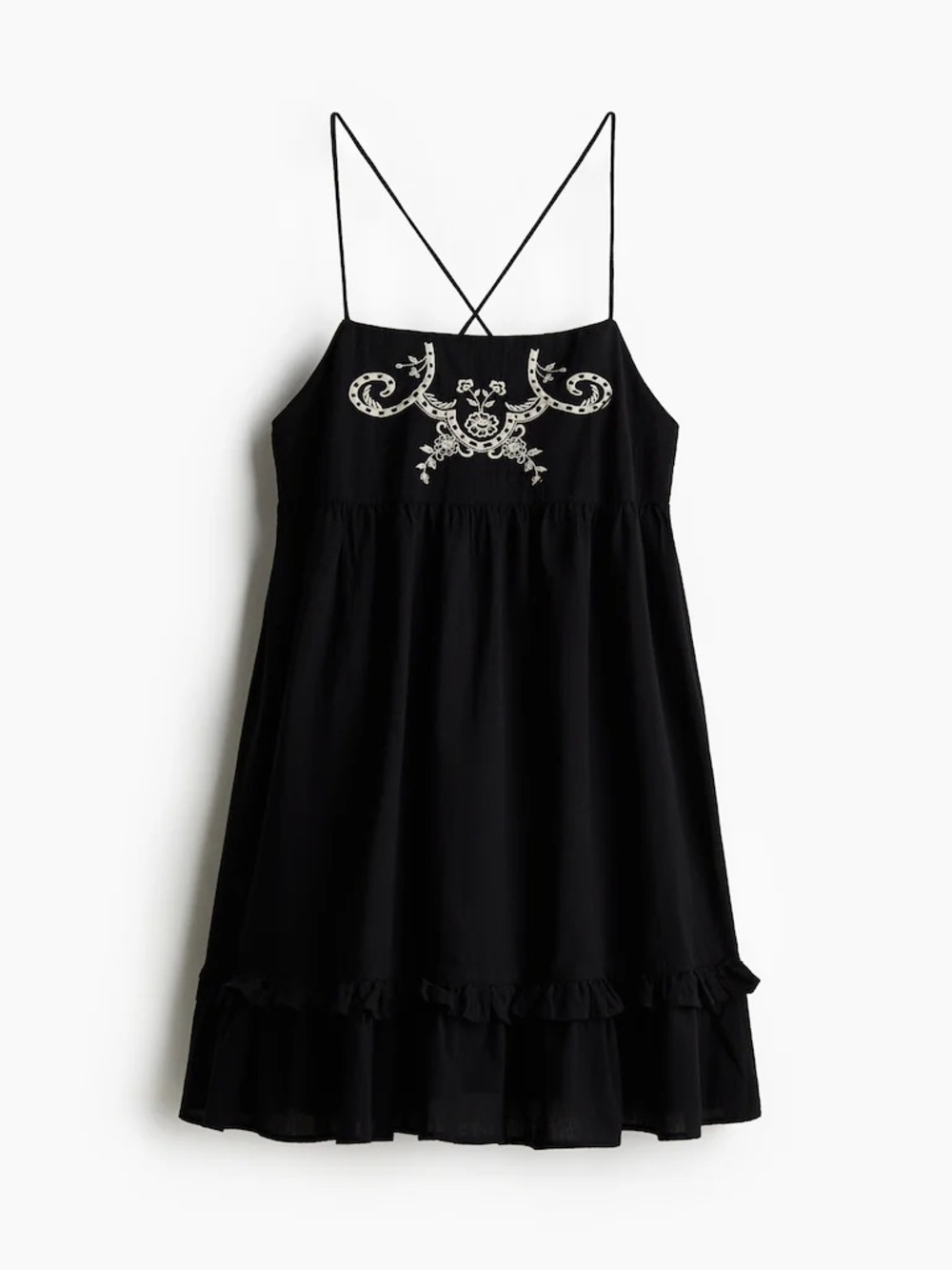 Divided Black Spaghetti-Strap Dress with Cream Embroidery